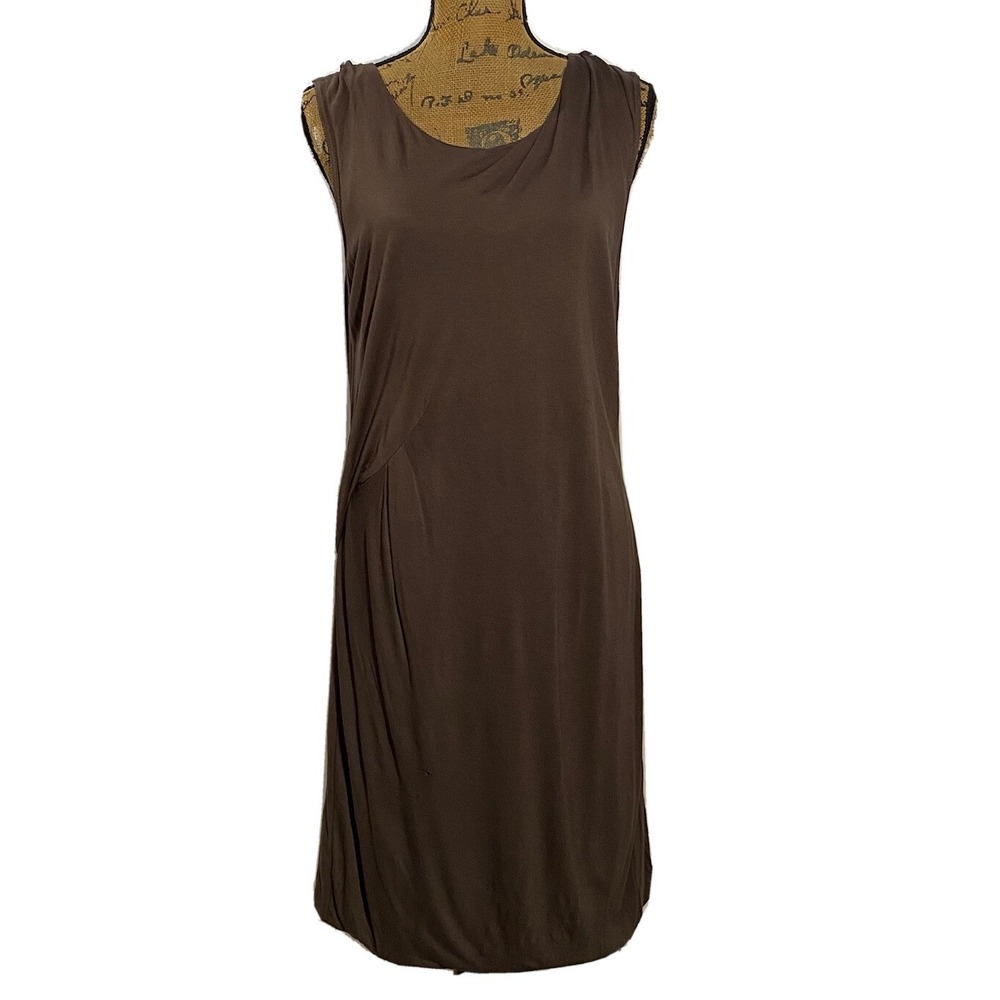 Chalet USA Dress M Mocha Brown Shift‎ Midi Viscose Side Pleat Lined Comfy